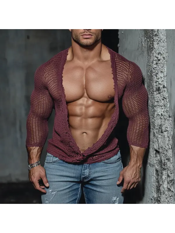 Men's Casual V-neck Super Stretch Large Stretch Comfortable Mesh Long Sleeve T-shirt Beach Fishnet See-through Top Sexy - Ootdmw.com 