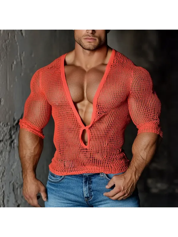 Men's Casual V-neck Super Stretch Large Stretch Comfortable Mesh Long Sleeve T-shirt Beach Fishnet See-through Top Sexy - Ootdmw.com 