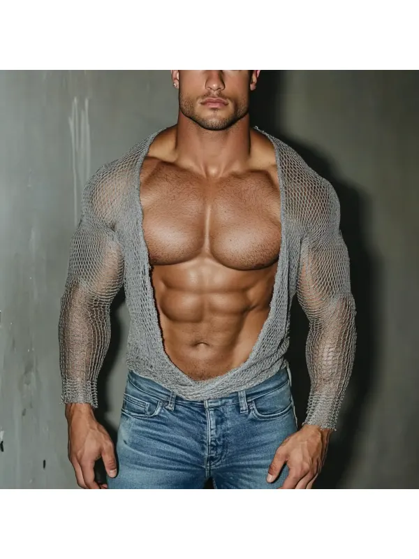 Men's Casual V-neck Super Stretch Large Stretch Comfortable Mesh Long Sleeve T-shirt Beach Fishnet See-through Top Sexy - Ootdmw.com 