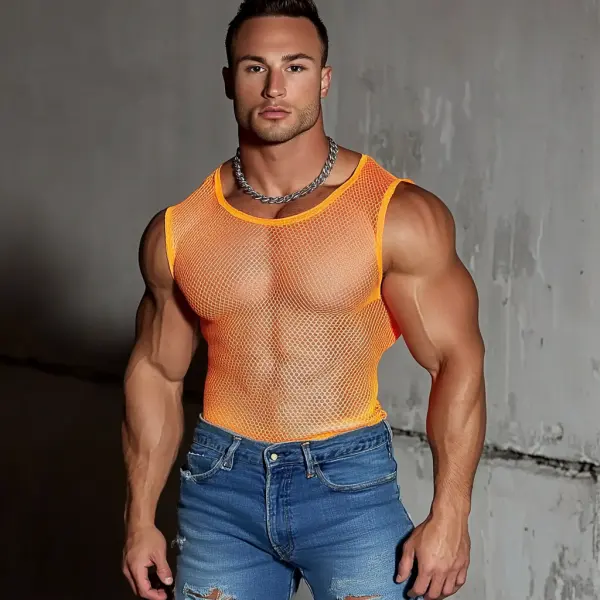 Men's Casual V-neck Super Stretch Large Stretch Comfortable Mesh Long Sleeve T-shirt Beach Fishnet See-through Top Sexy - Ootdyouth.com 