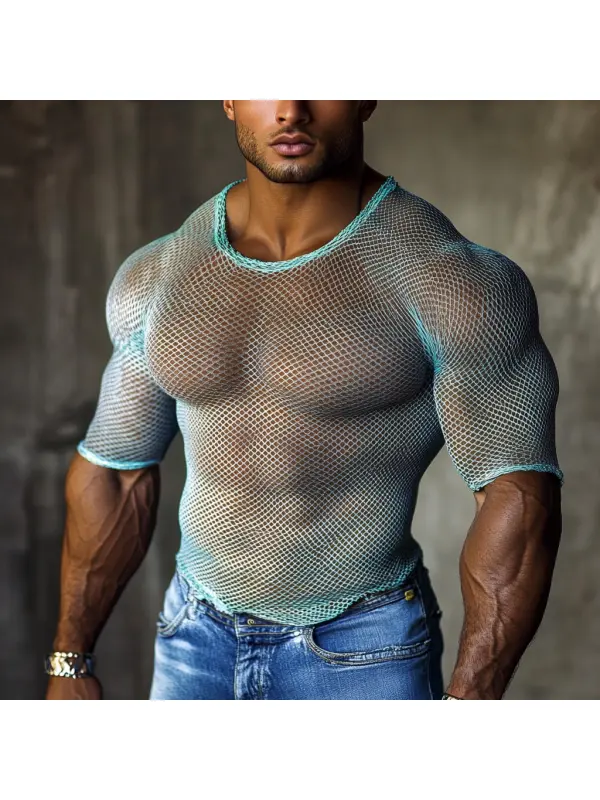 Men's Casual V-neck Super Stretch Large Stretch Comfortable Mesh Long Sleeve T-shirt Beach Fishnet See-through Top Sexy - Ootdmw.com 