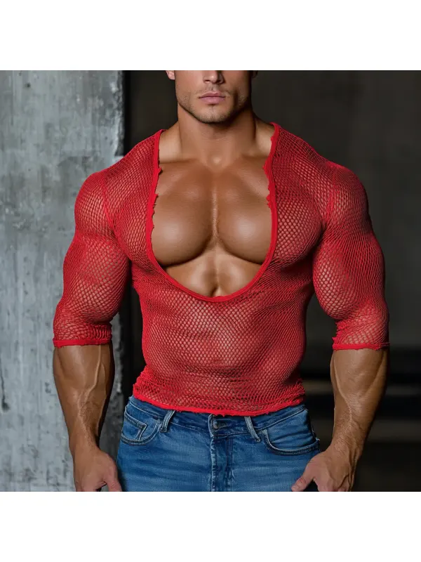 Men's Casual V-neck Super Stretch Large Stretch Comfortable Mesh Long Sleeve T-shirt Beach Fishnet See-through Top Sexy - Ootdmw.com 