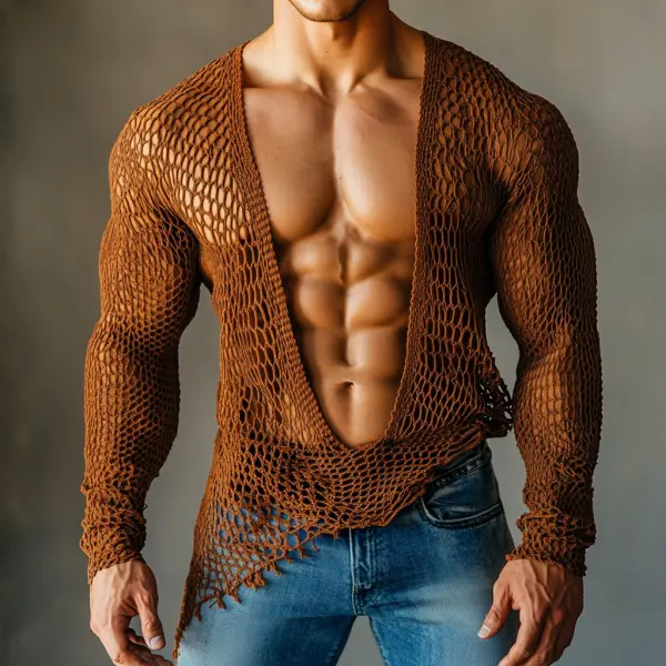 Men's Casual V-neck Super Stretch Large Stretch Comfortable Mesh Long Sleeve T-shirt Beach Fishnet See-through Top Sexy - Spiretime.com 