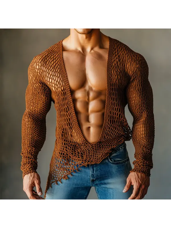 Men's Casual V-neck Super Stretch Large Stretch Comfortable Mesh Long Sleeve T-shirt Beach Fishnet See-through Top Sexy - Ootdmw.com 
