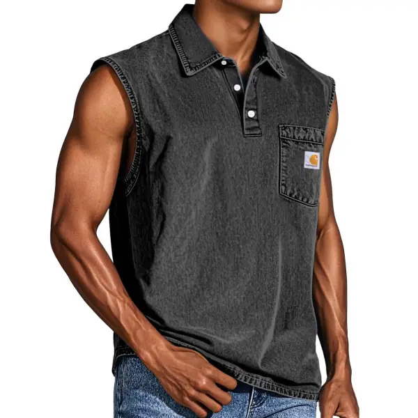 Men's Vintage Distressed Pocket Polo Sleeveless Tank Top - Ootdyouth.com 