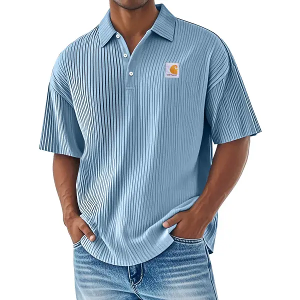 Men's Vintage Solid Color Striped Polo Neck Short Sleeve T-Shirt - Spiretime.com 