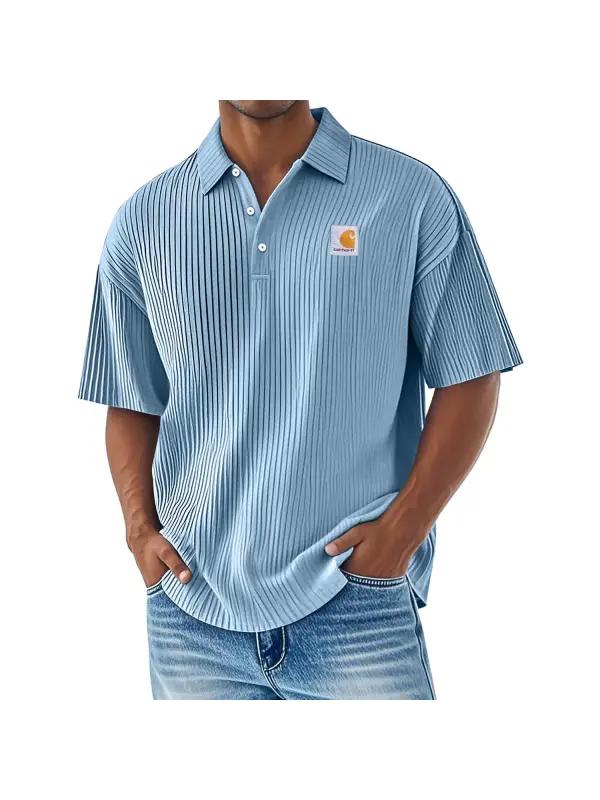 Men's Vintage Solid Color Striped Polo Neck Short Sleeve T-Shirt - Ootdmw.com 