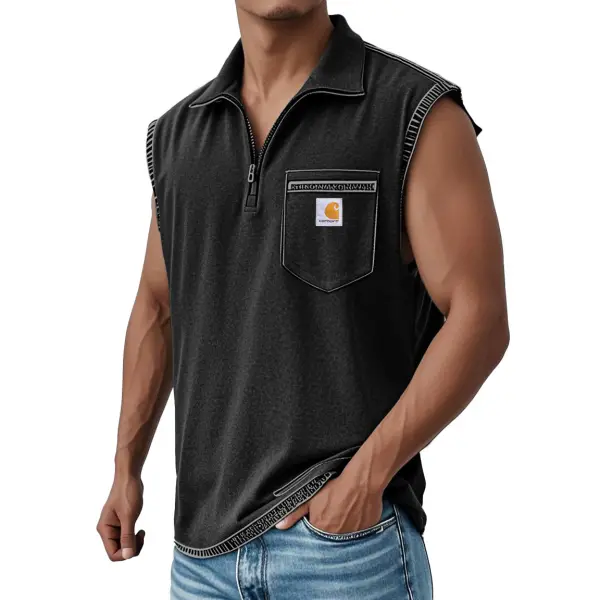 Men's Vintage Distressed Washed Pocket Zipper Polo Sleeveless Tank Top - Spiretime.com 
