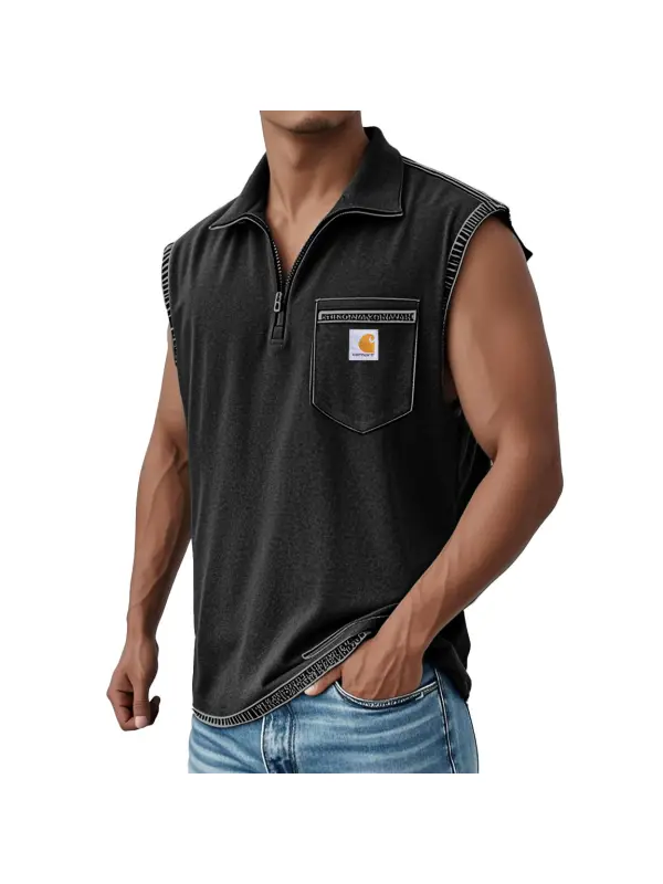 Men's Vintage Distressed Washed Pocket Zipper Polo Sleeveless Tank Top - Ootdmw.com 