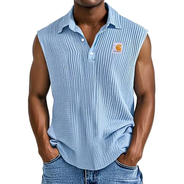 Men's Vintage Waffle Knit Polo Sleeveless Tank Top - Spiretime.com 
