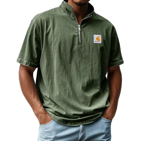 Men's Vintage Distressed Washed Zipper Stand Collar Short Sleeve T-Shirt - Spiretime.com 