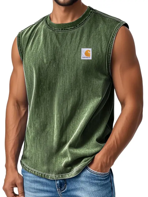 Men's Vintage Distressed Washed Crew Neck Sleeveless Tank Top - Pragmaace.com 