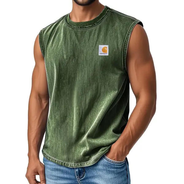 Men's Vintage Distressed Washed Crew Neck Sleeveless Tank Top - Spiretime.com 