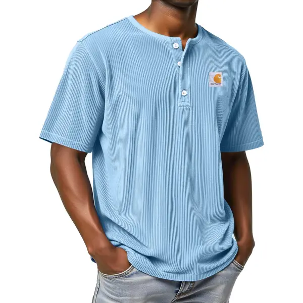 Men's Vintage Solid Color Striped Henley Collar Short Sleeve T-Shirt - Spiretime.com 