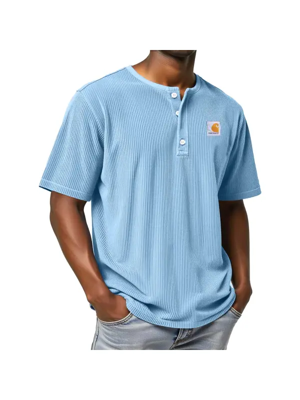 Men's Vintage Solid Color Striped Henley Collar Short Sleeve T-Shirt - Ootdmw.com 