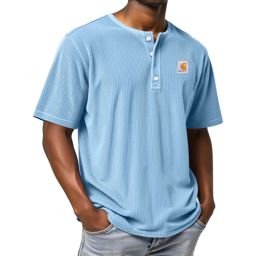 

Men's Vintage Solid Color Striped Henley Collar Short Sleeve T-Shirt