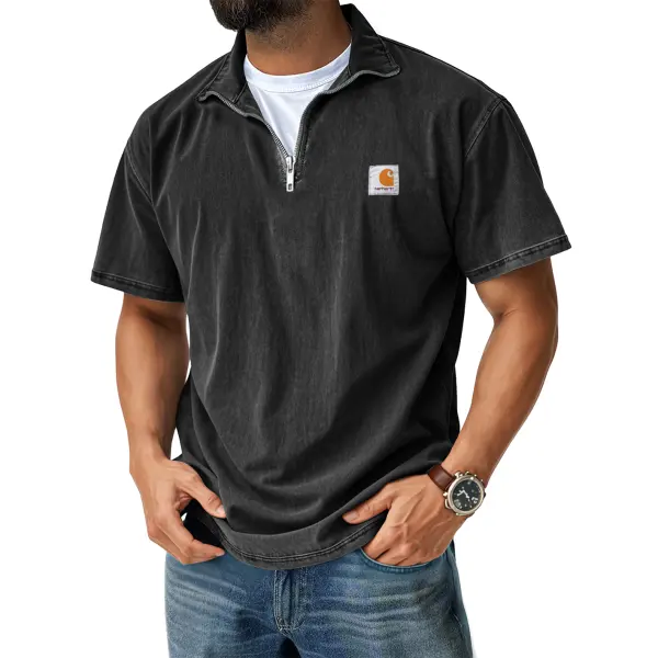 Men's Retro Casual Stand Collar Quarter-Zip Short Sleeve T-Shirt - Spiretime.com 