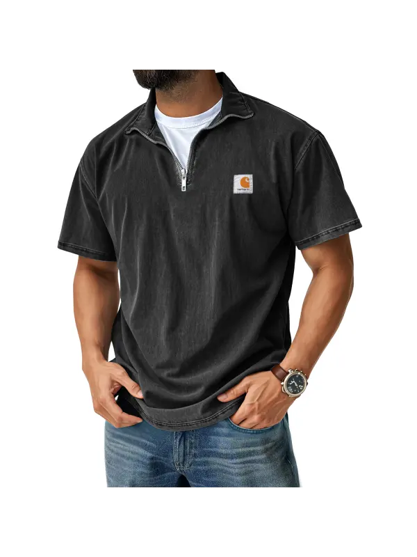 Men's Retro Casual Stand Collar Quarter-Zip Short Sleeve T-Shirt - Ootdmw.com 