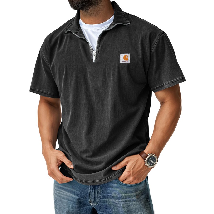 

Men's Retro Casual Stand Collar Quarter-Zip Short Sleeve T-Shirt