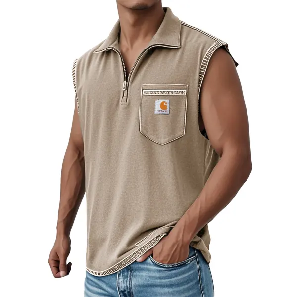 Men's Fashion Casual Vintage Washed Pocket Zipper Sleeveless T-shirt - Spiretime.com 