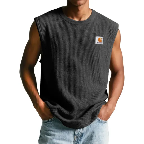 Men's Vintage Waffle Crew Neck Black Sleeveless Tank Top - Wayrates.chimpone.com 
