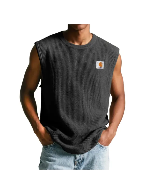 Men's Vintage Waffle Crew Neck Black Sleeveless Tank Top - Ootdmw.com 