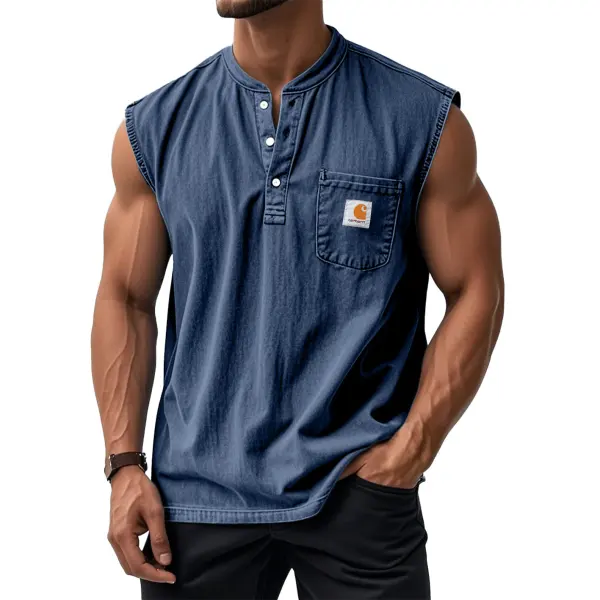 Men's Retro Solid Color Simple Sleeveless Henley Shirt - Spiretime.com 