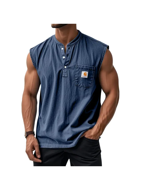 Men's Retro Solid Color Simple Sleeveless Henley Shirt - Ootdmw.com 