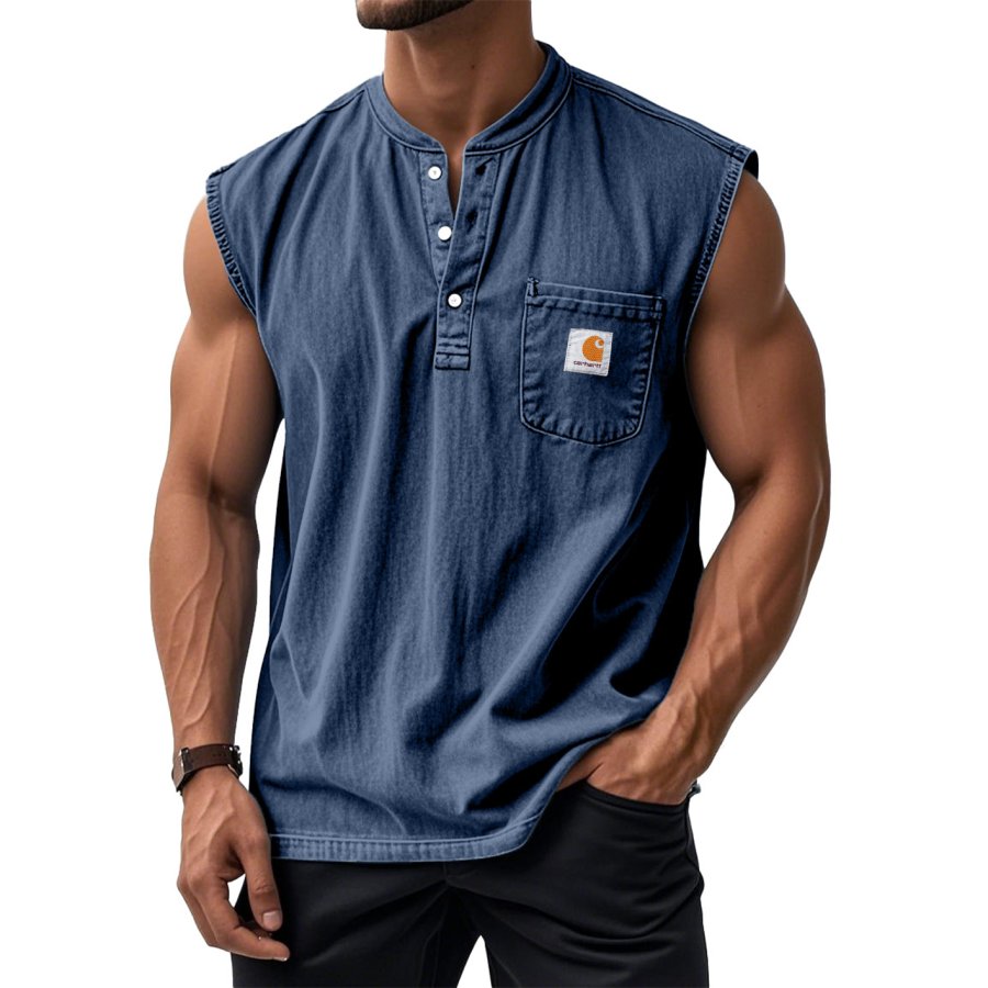 

Men's Retro Solid Color Simple Sleeveless Henley Shirt