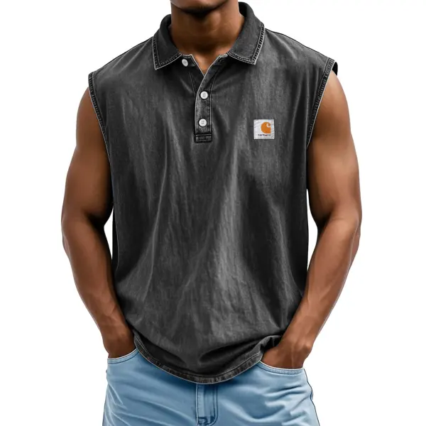 Men's Retro Casual Lapel Button Solid Color Loose Sleeveless POLO Shirt - Spiretime.com 