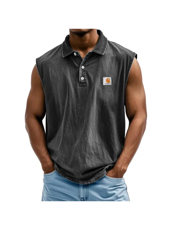 Men's Retro Casual Lapel Button Solid Color Loose Sleeveless POLO Shirt - Ootdmw.com 