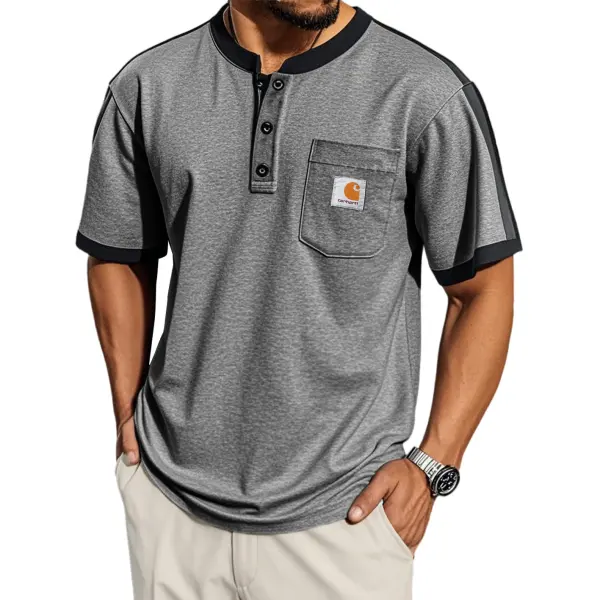 Men's Retro Fashion Patchwork Pocket Short-sleeved Henley Shirt - Spiretime.com 
