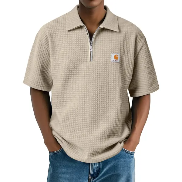 Men's Daily Waffle Lapel Zipper Casual Comfort Short Sleeve POLO Shirt - Ootdyouth.com 