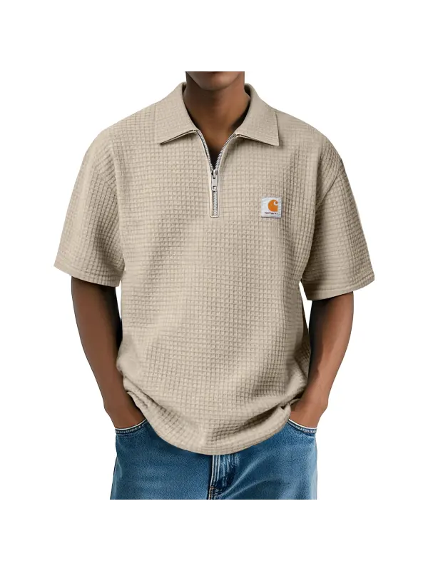 Men's Daily Waffle Lapel Zipper Casual Comfort Short Sleeve POLO Shirt - Ootdmw.com 