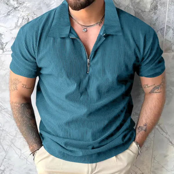 Men's Casual Fashion Holiday Solid Color Zip Neck Polo Shirt - Rabclub.com 