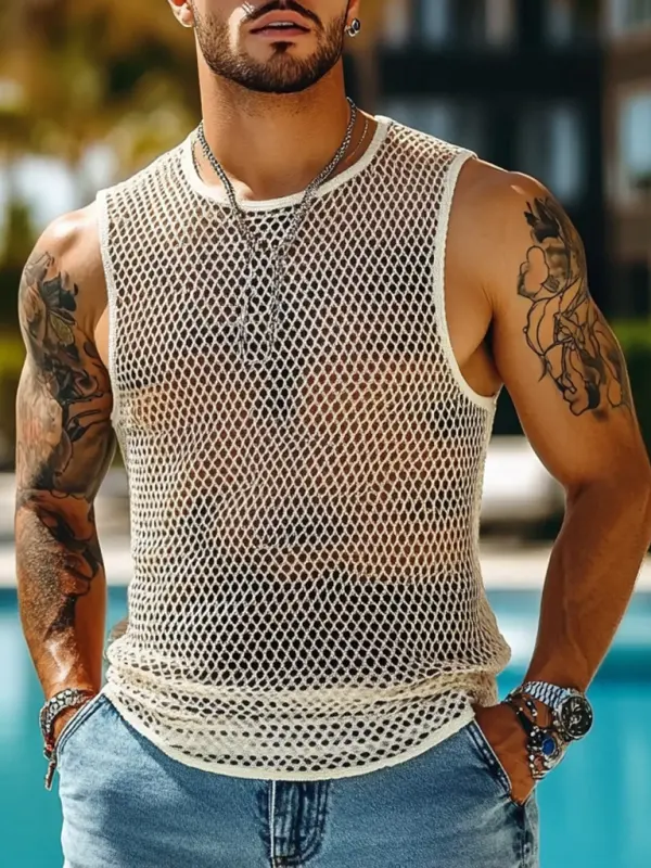 Men's Holiday Crochet Knitted Hollow Mesh Sleeveless Tank Top - Menwyx.com 