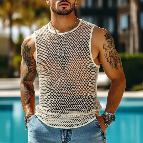 Men's Holiday Crochet Knitted Hollow Mesh Sleeveless Tank Top - Ootdyouth.com 