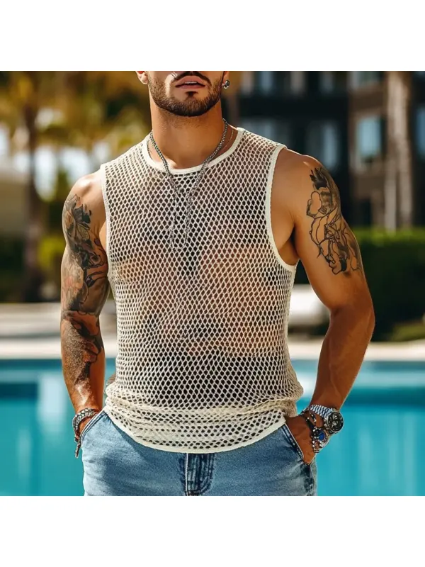 Men's Holiday Crochet Knitted Hollow Mesh Sleeveless Tank Top - Ootdmw.com 