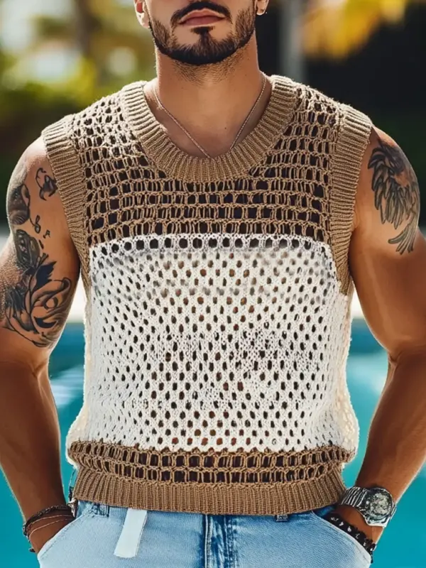 Men's Holiday Crochet Knitted Hollow Color Block Crew Neck Sweater Sleeveless Tank Top - Menwyx.com 