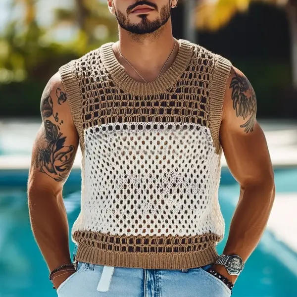 Men's Holiday Crochet Knitted Hollow Color Block Crew Neck Sweater Sleeveless Tank Top - Ootdyouth.com 