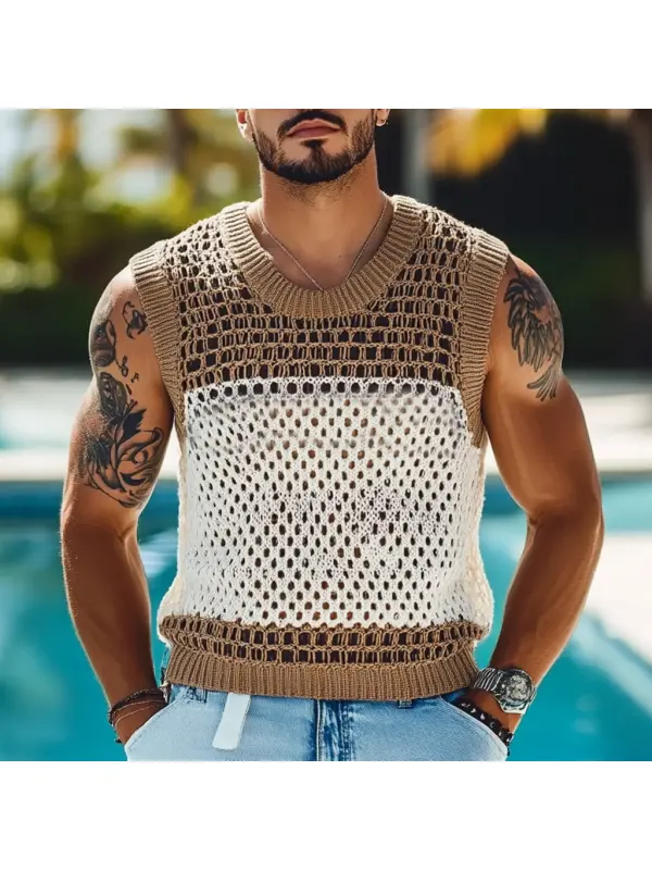 Men's Holiday Crochet Knitted Hollow Color Block Crew Neck Sweater Sleeveless Tank Top - Ootdmw.com 
