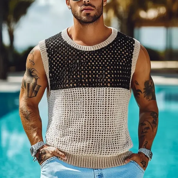 Men's Holiday Crochet Knitted Hollow Color Block Crew Neck Sweater Sleeveless Tank Top - Spiretime.com 