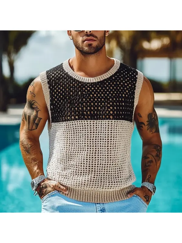 Men's Holiday Crochet Knitted Hollow Color Block Crew Neck Sweater Sleeveless Tank Top - Anrider.com 