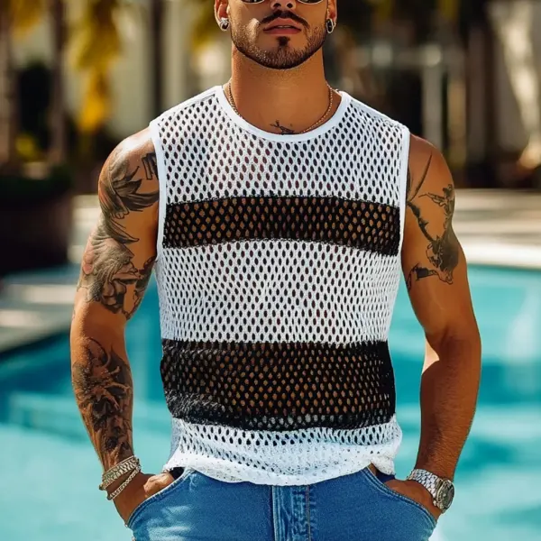 Men's Holiday Crochet Knitted Hollow Color Block Crew Neck Sleeveless Tank Top - Rabclub.com 