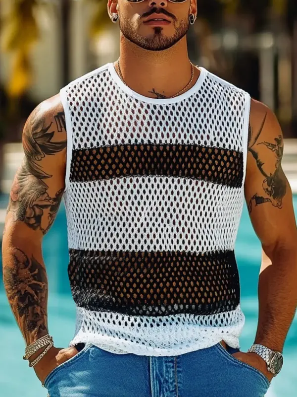 Men's Holiday Crochet Knitted Hollow Color Block Crew Neck Sleeveless Tank Top - Menwyx.com 