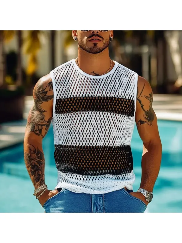 Men's Holiday Crochet Knitted Hollow Color Block Crew Neck Sleeveless Tank Top - Ootdmw.com 