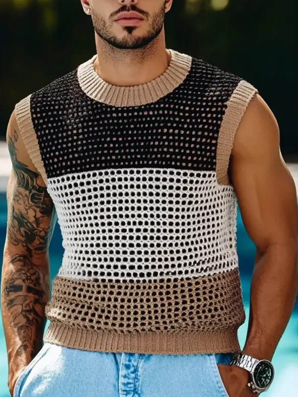 Men's Holiday Crochet Knitted Hollow Color Block Crew Neck Sweater Sleeveless Tank Top - Wantbright.com 