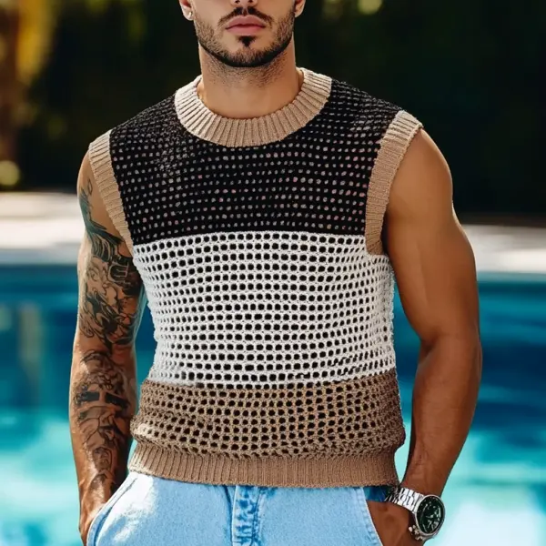 Men's Holiday Crochet Knitted Hollow Color Block Crew Neck Sweater Sleeveless Tank Top - Ootdyouth.com 