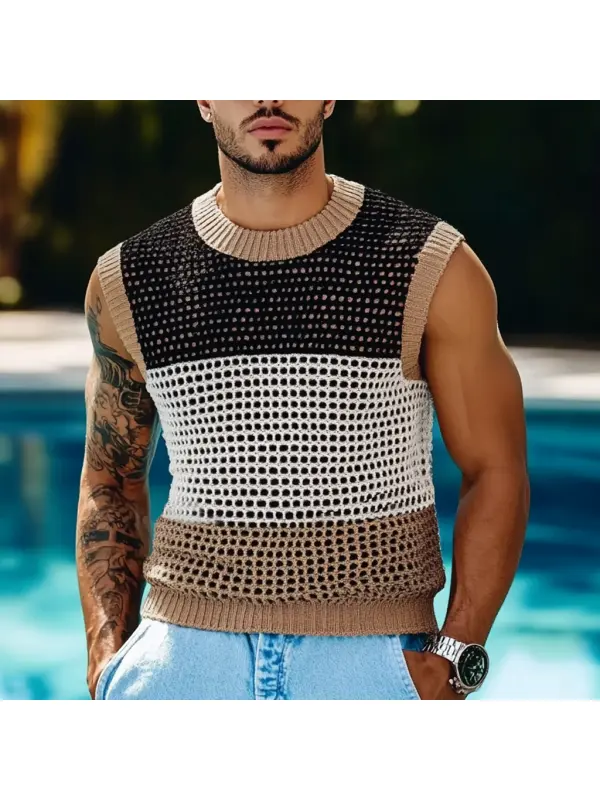 Men's Holiday Crochet Knitted Hollow Color Block Crew Neck Sweater Sleeveless Tank Top - Anrider.com 