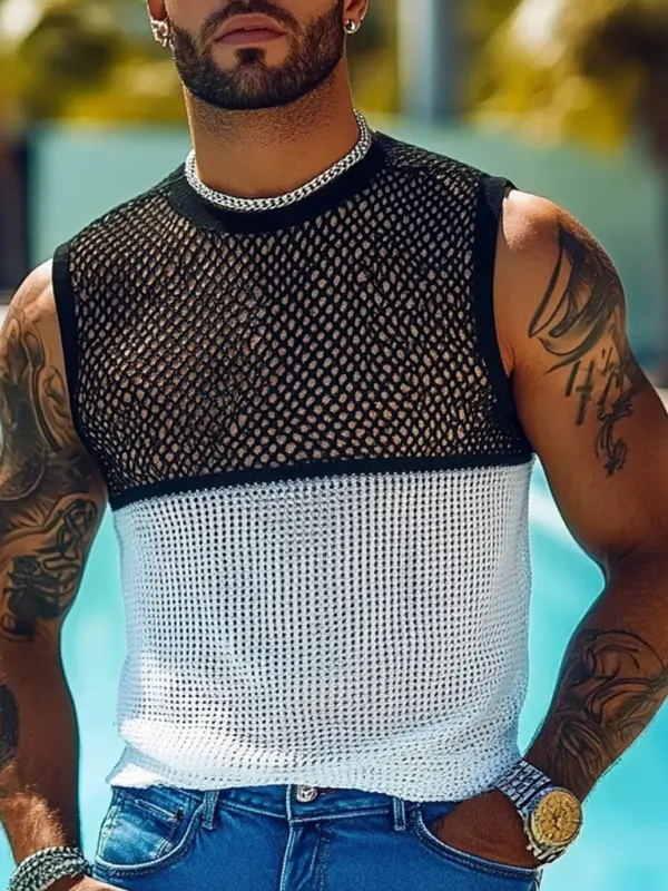 Men's Holiday Crochet Knitted Hollow Color Block Crew Neck Tank Top - Menwyx.com 